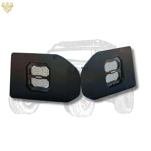  Detailed view of RIGID CUSTOM WORKS FJ Cruiser bumper light bracket with an Osram 5-inch square light, highlighting the secure mounting points and precision fit.
