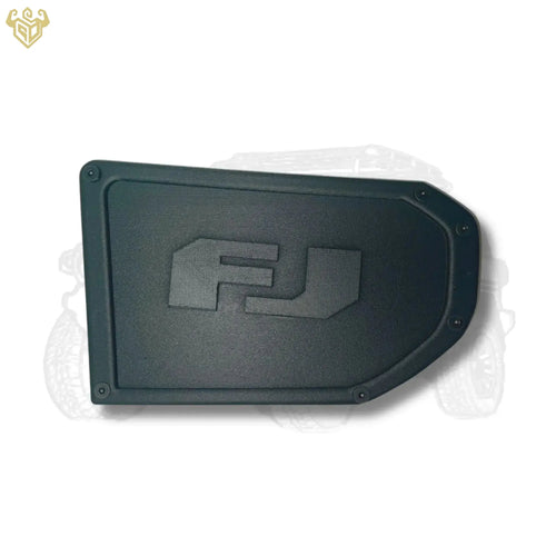 Front view of left and right FJ bumper corner caps, matte black with logos