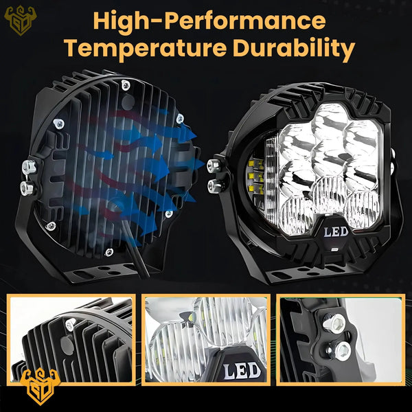 5-inch IP67 waterproof LED light designed for FJ Cruiser Wing Delete Brackets, built tough to deliver bright, dependable lighting for enhanced visibility in fog, rain, and off-road environments.