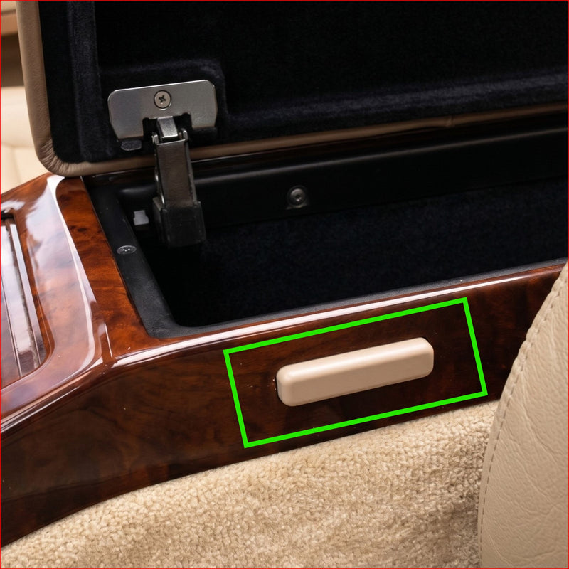 Beige armrest side button 1296830055 installed in Mercedes R129 SL wood centre console - Rigid Custom Works