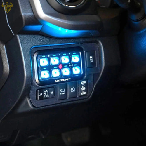 Toyota Tacoma Auxbeam 8-gang panel mount angled detail — Rigid Custom Works