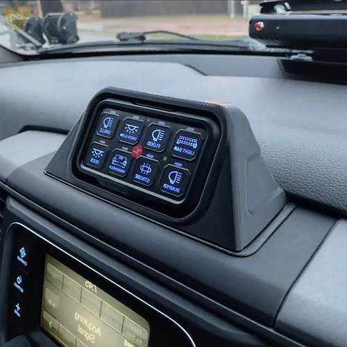 Dodge Ram Auxbeam 8-gang switch panel mount angled detail — Rigid Custom Works