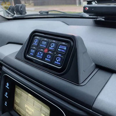 Dodge Ram Auxbeam 8-gang switch panel mount angled detail — Rigid Custom Works
