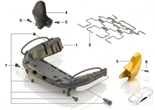 BMW E46 seat frame assembly diagram showing position of outer covering part