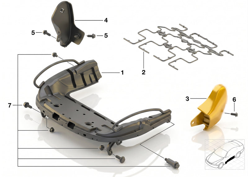 BMW E46 seat frame assembly diagram showing position of outer covering part