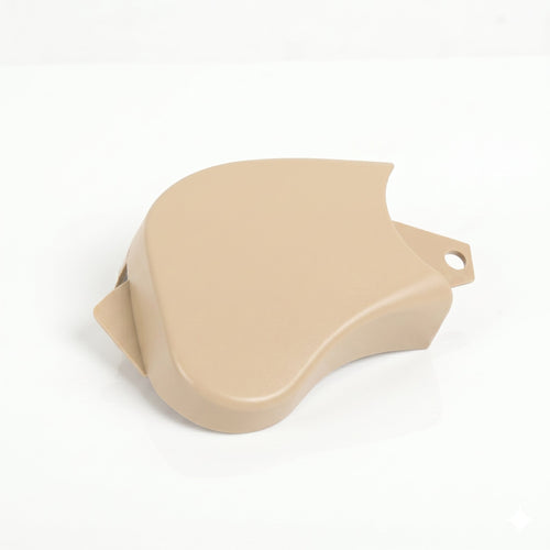 BMW E46 seat frame outer trim cover beige, three-quarter view showing mounting clip