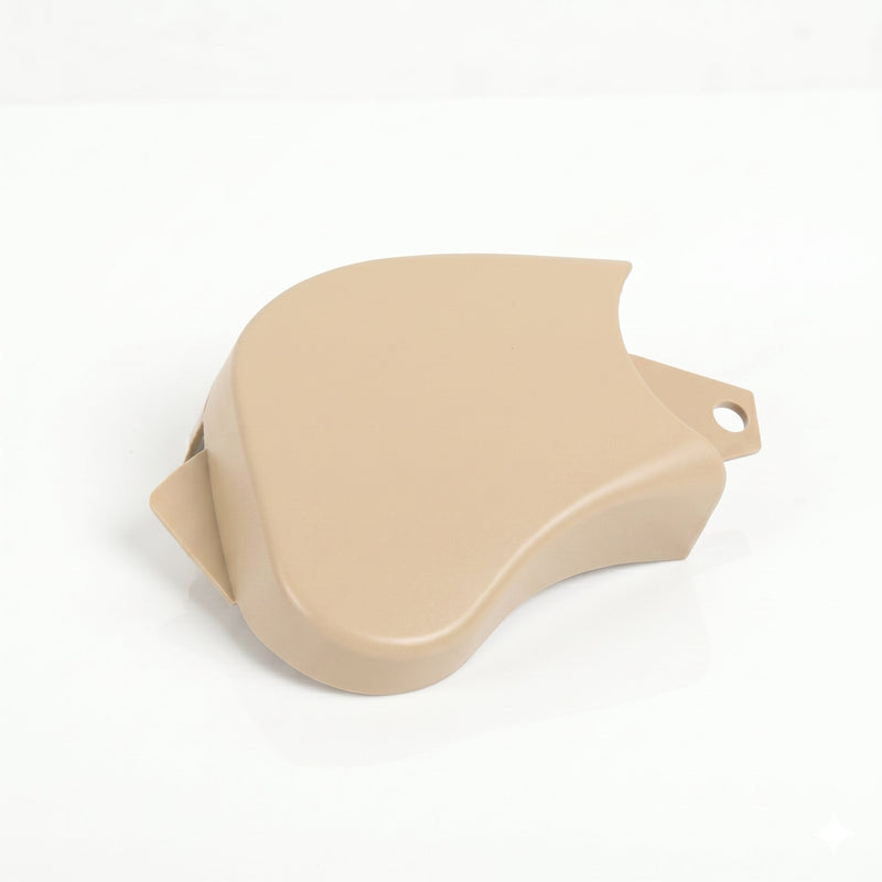 BMW E46 seat frame outer trim cover beige, three-quarter view showing mounting clip