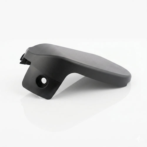 BMW E46 seat frame outer trim cover black, angled view showing mounting tab