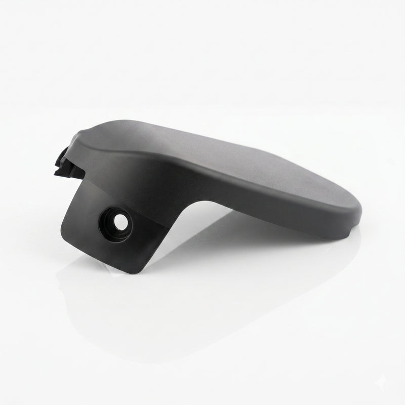 BMW E46 seat frame outer trim cover black, angled view showing mounting tab