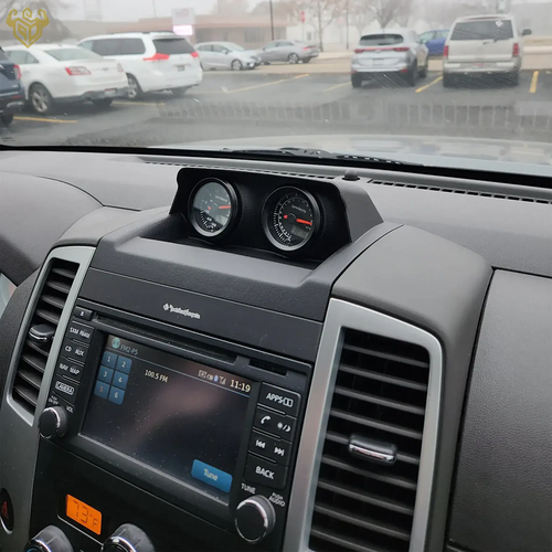 Nissan Xterra dual 52mm gauge pod angled detail view — Rigid Custom Works
