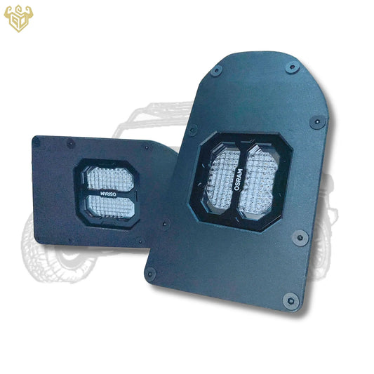 Angled shot of RIGID CUSTOM WORKS FJ Cruiser bumper light brackets with Osram 5-inch square lights, emphasizing the precise cutout and sturdy construction.