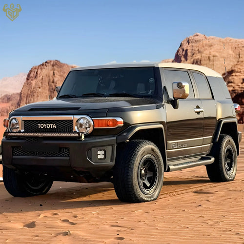 Side profile view of two RIGID CUSTOM WORKS FJ Cruiser bumper light brackets with Osram 5-inch square lights, highlighting their robust design and fit.
