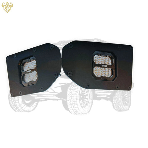 Pair of RIGID CUSTOM WORKS FJ Cruiser bumper light brackets with 5-inch Osram square LED lights installed, ready for mounting.
