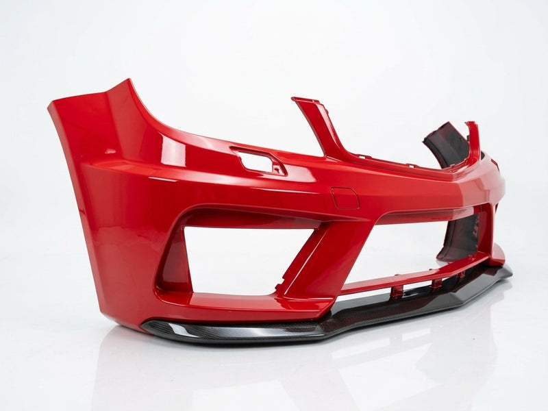 Carbon front lip on a W204 C63 AMG Black Series bumper, three-quarter view