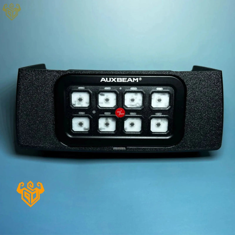 Nissan Frontier Auxbeam 8-gang switch mount angled detail — Rigid Custom Works