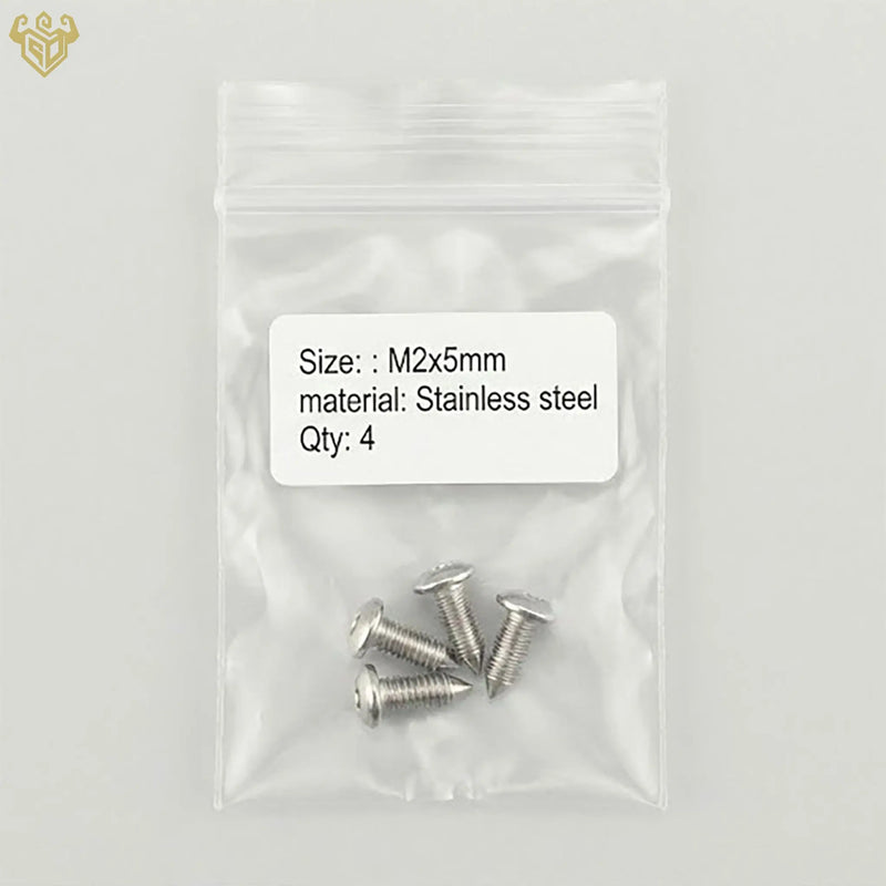 Close up of rust-free M2x5mm stainless steel screws.