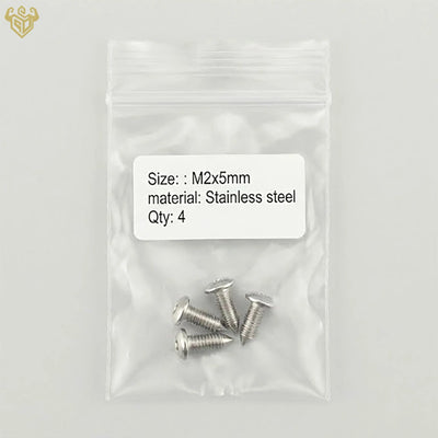 Close up of rust-free M2x5mm stainless steel screws.