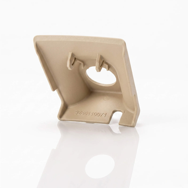 Underside of beige R129 A124 mirror dome light cover showing clip-on retention features and moulded part number 1298110071 — RCW